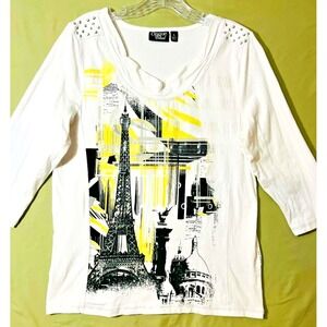 Onque Casual Women's Graphic Top – Paris Eiffel Tower Print – Studded Shoulder L